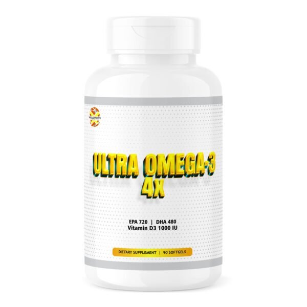 Wellsports | Ultra Omega 3 - 4X | Fish Oil ( EPA-720/DHA-480 ) With Vitamin D3 - 90 Softgels