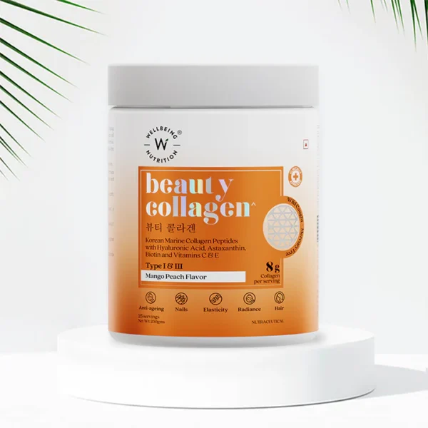 Wellbeing Nutrition Beauty Collagen Type 1 & 3, Mango Peach Flavour - 250gm